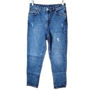 Topshop Jeans Blue Size 30 Distressed Cotton Zip Pocket Taper Mom High Rise Moto